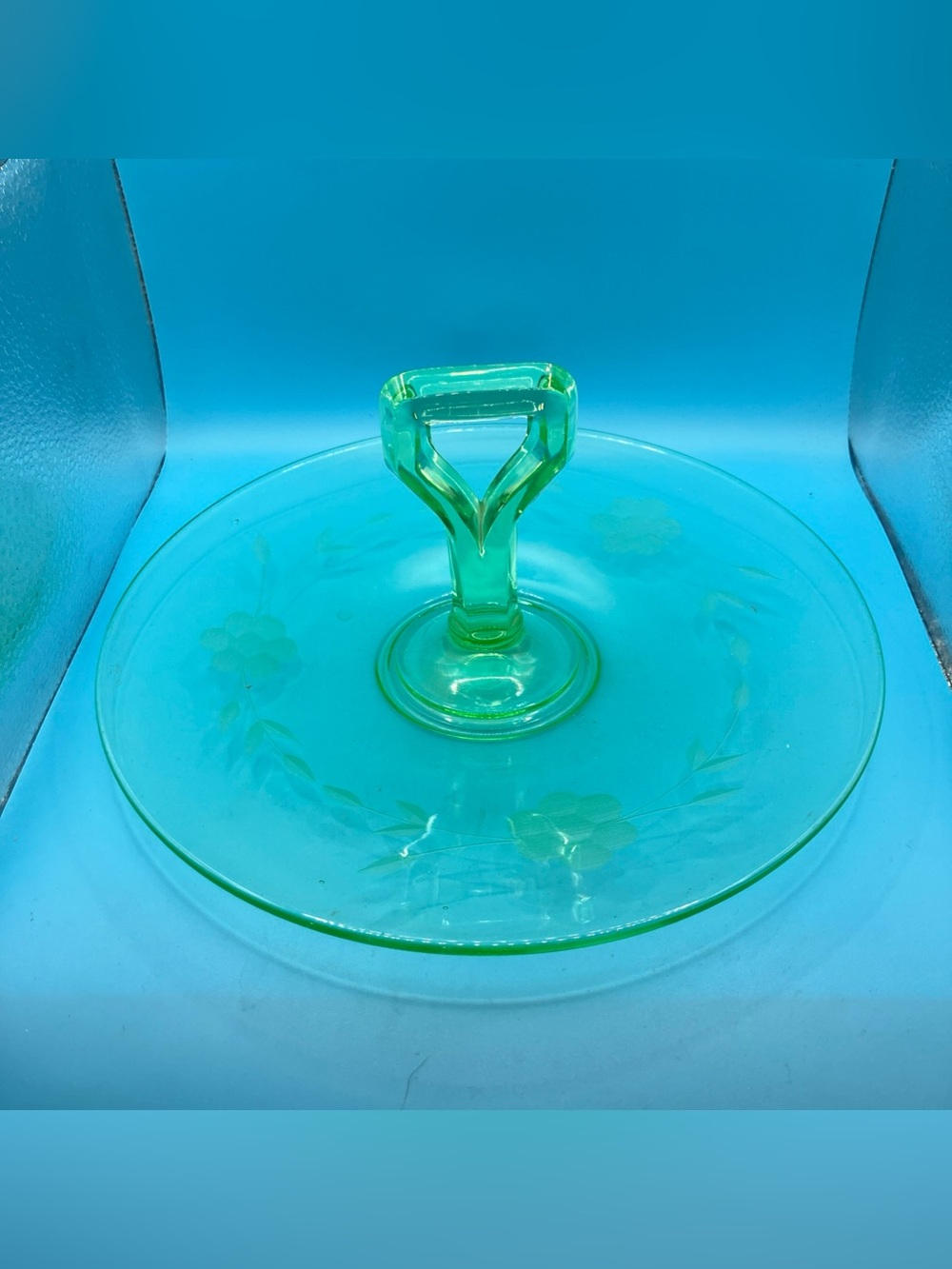 Green Vaseline Glass Etched Serving Tray with Handle